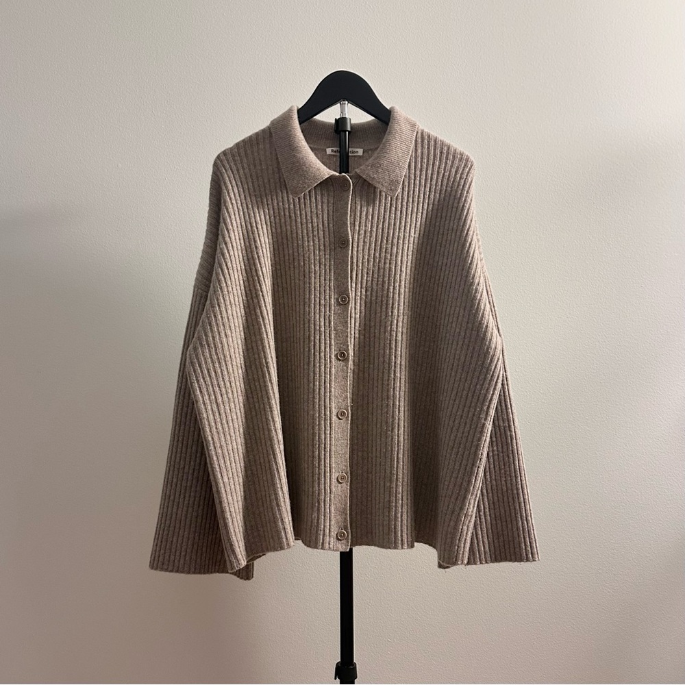 Reformation Fantino Beige Thick Cashmere Collared Shirt Cardigan Size L